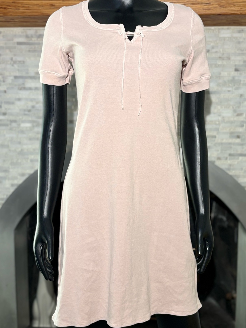 Hunter Bell Light Pink Ribbed Knit Tie-Neck Short Sleeve Mini Dress - Size XS